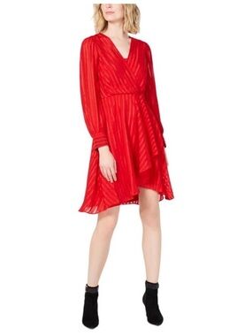 Calvin Klein Red Shadow Stripe Puff Sleeve Cocktail Sheer Wrap Dress Size 10